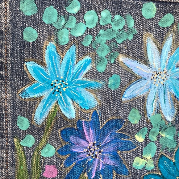 Artisan Hand Painted R Jeans Jacket Floral Design Cotton/Spandex Size Me… - Picture 3 of 9